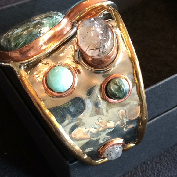 Tri-Metal Stone Cuff Statement Bracelet - Picture 3 of 8